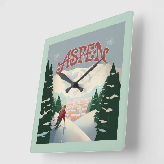Aspen Skier | Colorado Quadratische Wanduhr (Winkel)