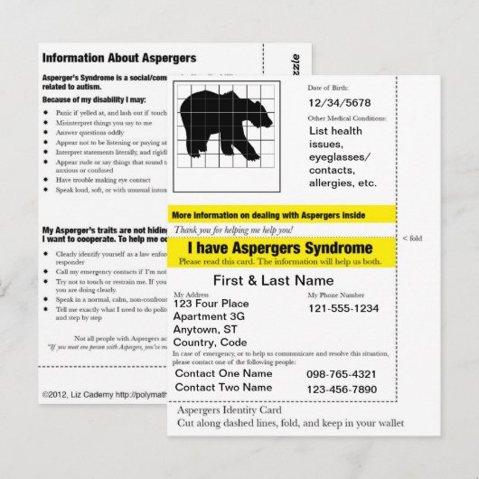 Aspergers Emergency Card Postkarte (Vorne/Hinten)