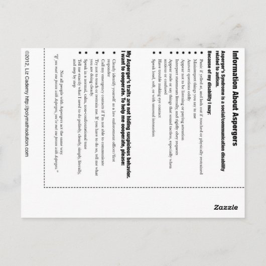 Aspergers Emergency Card Postkarte (Rückseite)