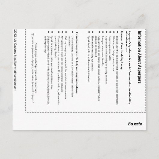 Aspergers ID Card Postkarte (Rückseite)