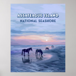 Assateague Island National Seashore Pferde Vintag Poster