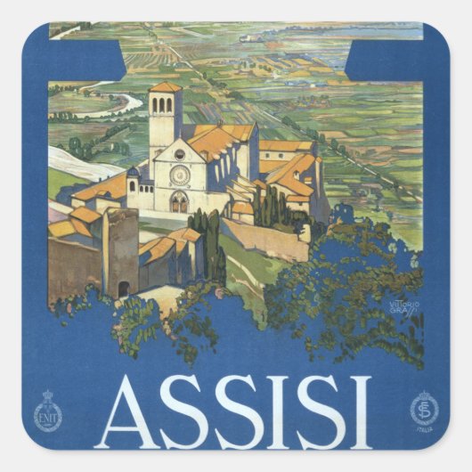 Assisi Italy Vintage Travel Art Collection Quadratischer Aufkleber (Vorderseite)