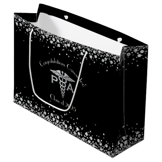Assistent des Arztes PA Abschluss Schwarz Silber Große Geschenktüte (Vorderseite Schrägansicht)