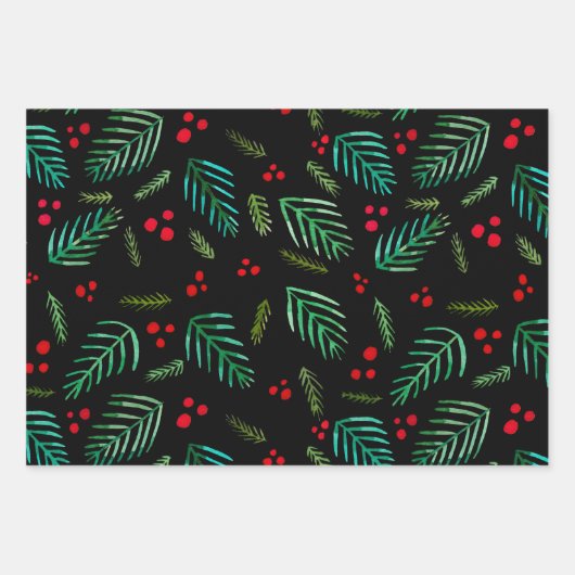 Äste und Beeren von Weihnachtsbaumen - dunkel Geschenkpapier Set (Vorderseite 2)