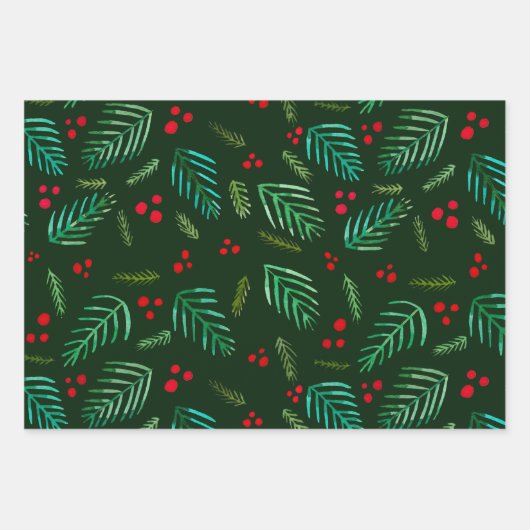Äste und Beeren von Weihnachtsbaumen - dunkelgrün Geschenkpapier Set (Vorderseite 2)