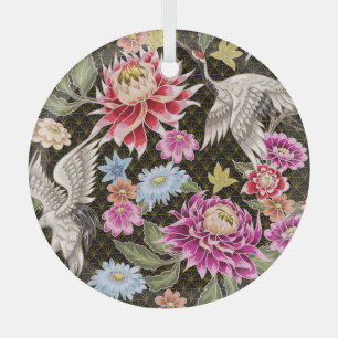 Asters Cranes: Nahtlos im japanischen Stil gestric Ornament Aus Glas