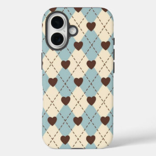 Ästhetisch Blau, Creme-Argyle-Herzmuster-Hülle iPhone 16 Hülle