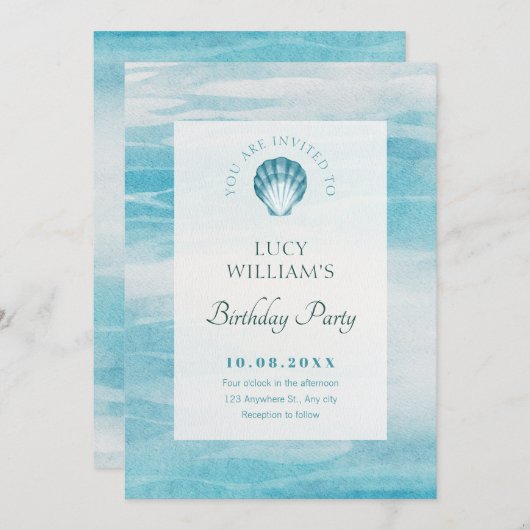 Ästhetisch-blaues Meer Geburtstag Einladung (Vorne/Hinten)