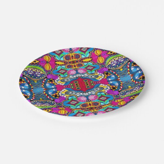 Ästhetisch künstlerisches Multicolormuster Bahia i Pappteller (Schrägansicht)