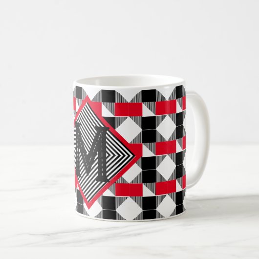 Ästhetisch rot und schwarz geometrisch Monogramm Kaffeetasse (VorderseiteRechts)