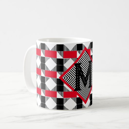 Ästhetisch rot und schwarz geometrisch Monogramm Kaffeetasse (Vorderseite Links)