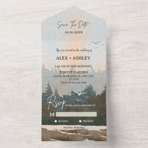 Ästhetische Aquarell-Waldhochzeit All In One Einladung