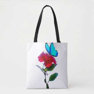 Ästhetische Blaue Schmetterling auf roter Blüten-T Tasche