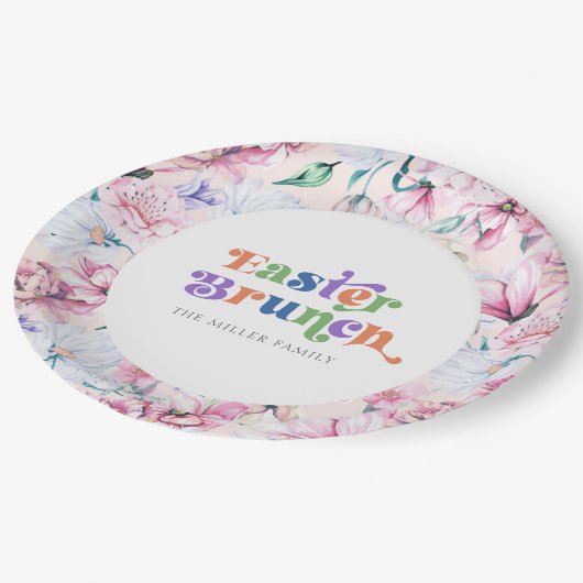 Ästhetische Blumen Osterbrunch Retro Typografie Pappteller (Schrägansicht)