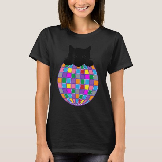 Ästhetische Disco Ball Psychedelic Black Cat Disco T-Shirt (Vorderseite)