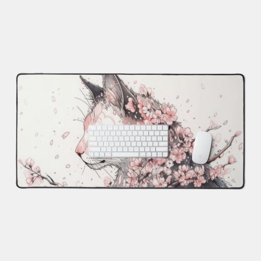 Ästhetische Katze und rosa Blume Schreibtischunterlage (Tastatur & Maus)