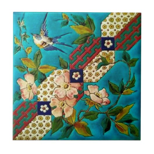 Ästhetische Longwy Bird Dogwood Repro aus dem 19. Fliese (Vorderseite)