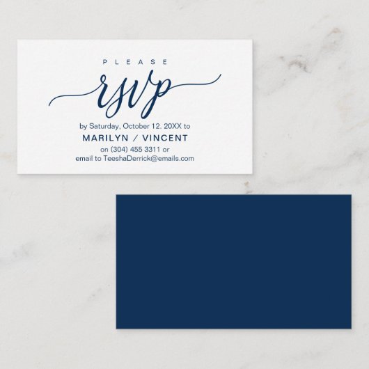 Ästhetische Navy Blue Script, Hochzeit RSVP reagie Begleitkarte (Vorne/Hinten)