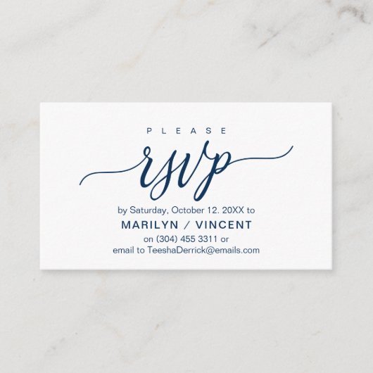 Ästhetische Navy Blue Script, Hochzeit RSVP reagie Begleitkarte (Vorderseite)