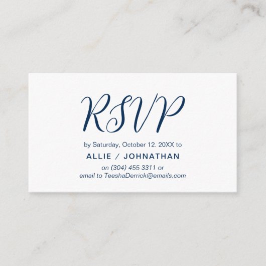 Ästhetische Navy Blue Script, Wedding RSVP reagier Begleitkarte (Vorderseite)