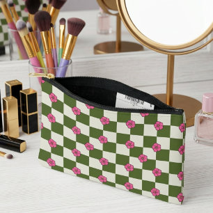 Ästhetische Oliven- und rosa Blumen-Karo-Tasche Zubehörtasche
