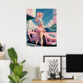 Ästhetische Pastel Pink Anime Girl Drifter Poster (Heimbüro)