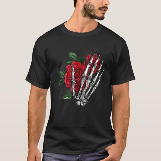 Ästhetische Rose Weißes Skelett Hand halten ein ro T-Shirt (Vorderseite)