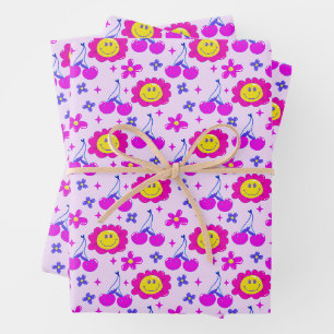 Ästhetische Trippy Psychedelic Y2K Cherry Daisy Geschenkpapier Set