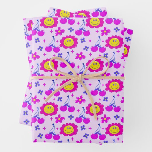 Ästhetische Trippy Psychedelic Y2K Cherry Daisy Geschenkpapier Set (Beispiel)