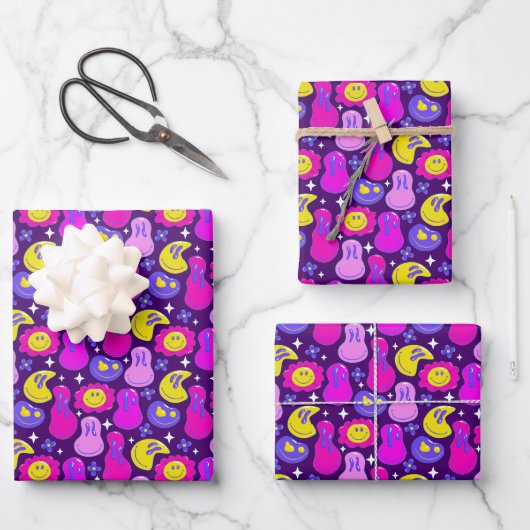 Ästhetische Trippy Psychedelic Y2K Face Daisy Geschenkpapier Set (Vorderseite)