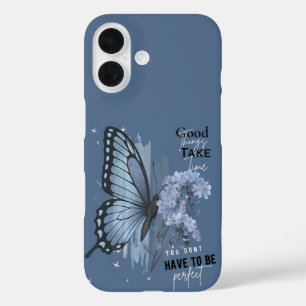 Ästhetischer blauer Schmetterling Motivationszitat iPhone 16 Hülle