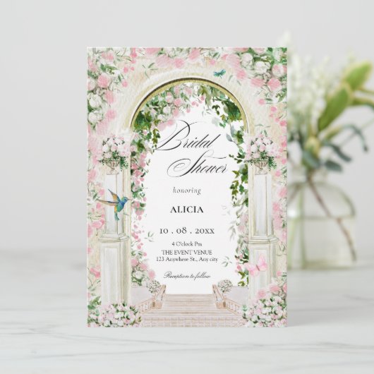 Ästhetisches Blumengartenbogen-Brautparty Einladung (Stehend Vorderseite)