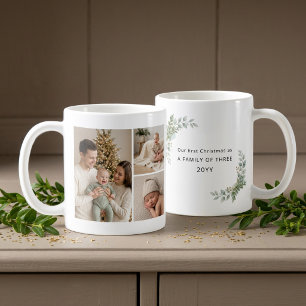 Ästhetisches Familien-Trio Erstes Weihnachtsfoto Kaffeetasse