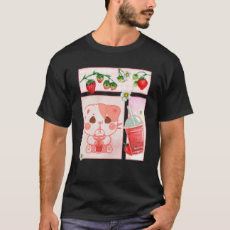 Ästhetisches Harajuku Süße Katze Trinkt Erdbeeren  T-Shirt