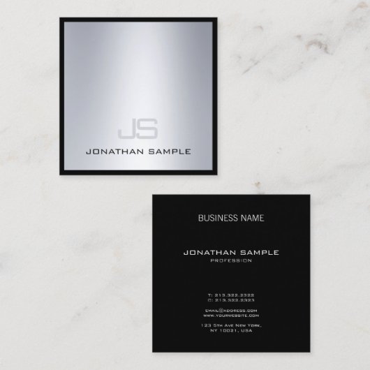 Ästhetisches Mit Monogramm Silver Look Moderner Lu Quadratische Visitenkarte (Vorne/Hinten)