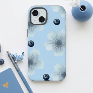Ästhetisches Pastellblaues Blumen Blau Beeren Case iPhone 15 Hülle