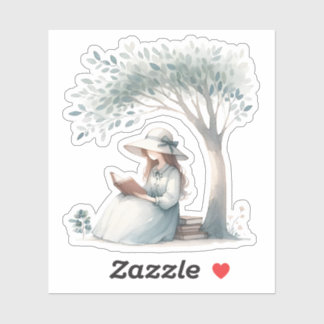 Ästhetisches Wasserfarbenmädchen, das ein Buch Lov Aufkleber