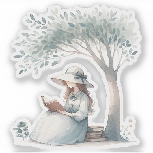 Ästhetisches Wasserfarbenmädchen, das ein Buch Lov Aufkleber (Vorderseite)