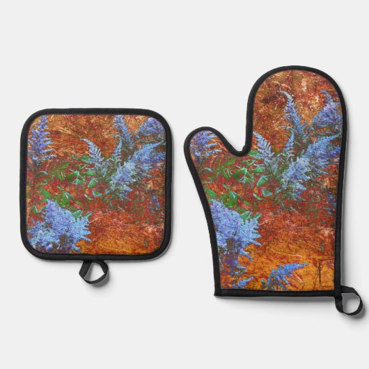 Astilbe Dusty Blue an Bord Ofenhandschuh & Topflappen-Set (Vorderseite)