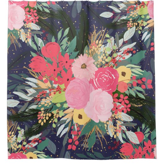 Astral Aura Winter Floral & Gold Punkte Duschvorhang (Vorderseite)