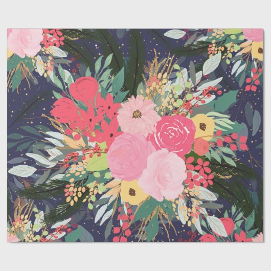 Astral Aura Winter Floral & Gold Punkte Geschenkpapier (Flach)