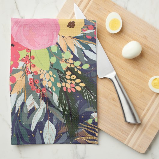 Astral Aura Winter Floral & Gold Punkte Geschirrtuch (Viertel Falte)