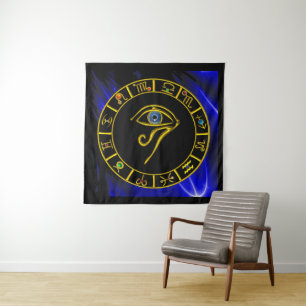 ASTRAL HORUS EYE ,BLAUE TALISMAN GOLD ZODIAC CHART WANDTEPPICH