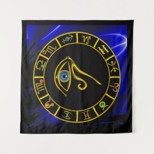 ASTRAL HORUS EYE ,BLAUE TALISMAN GOLD ZODIAC CHART WANDTEPPICH (Vorderseite)