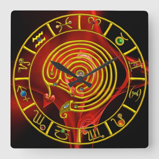 ASTRAL LABYRINTH GOLD ZODIAC CHART Astrologie Quadratische Wanduhr (Vorderseite)
