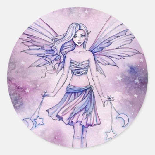 Astralina Niedlich Lila Blue Fairy Illustration Runder Aufkleber (Vorderseite)