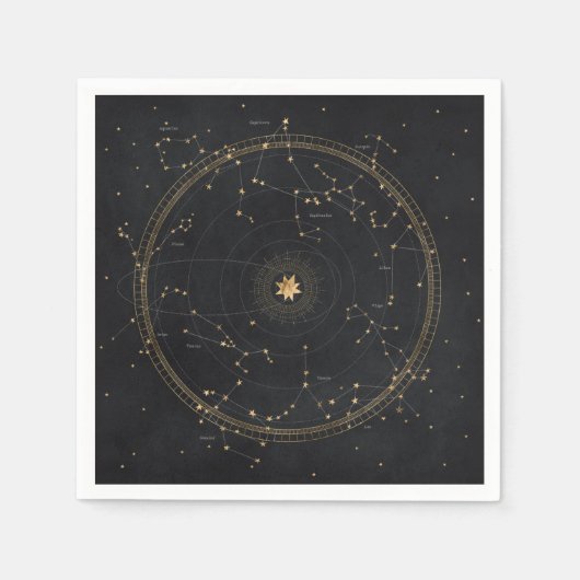 Astrological star map black gold gold zodiac stars serviette (Vorderseite)