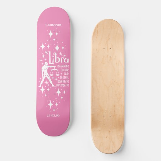 Astrologie Rosa Skateboard mit Libra-Symbol (Vorderseite)