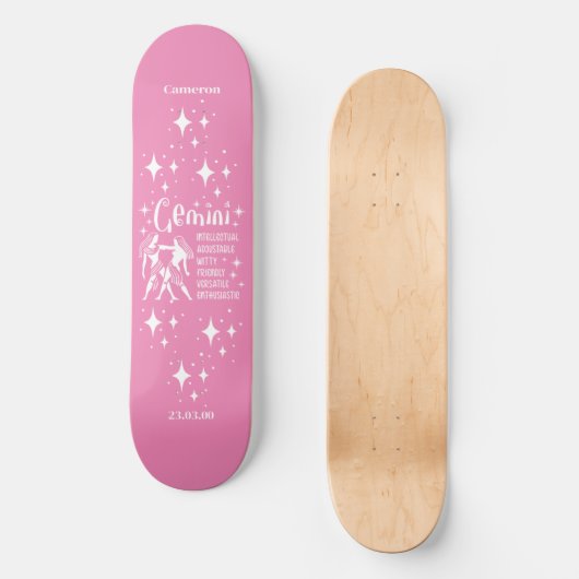 Astrologie Rosa Skateboard mit Zwillingssymbol (Vorderseite)