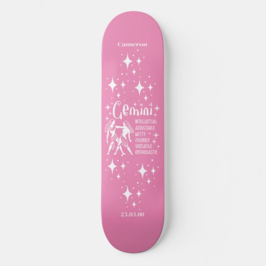 Astrologie Rosa Skateboard mit Zwillingssymbol (Vorderseite)